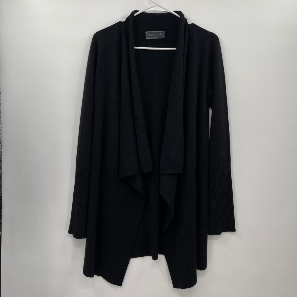 Velvet Black Cashmere Draped Open Front Cardigan Sweater Cozy Knit‎ Classic